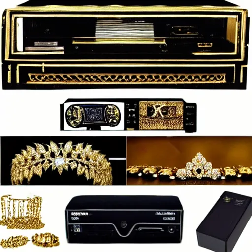 Image similar to tv box shows golden jewelery, diamons and og kush, vhs,