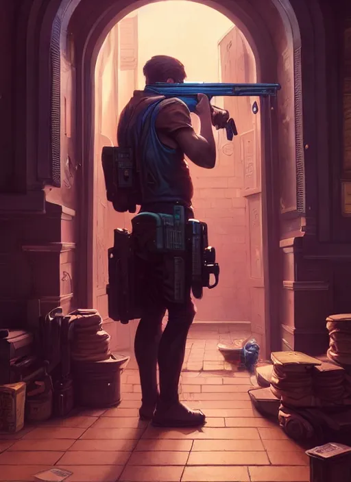 Prompt: man stands shot in blaster at the door, shotgun, details, dark room, side profile centered, by artgerm, cushart krenz, greg rutkowski, james jean. art nouveau. gloomhaven, swirly vibrant ripples, gaudy colors, sharp edges. ultra clear detailed. 8 k. elegant, intricate, octane render