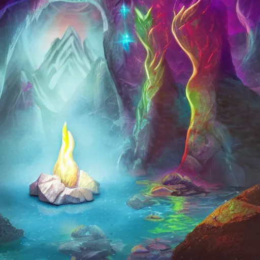 Image similar to book cover mystical cave, fire, crystals, water