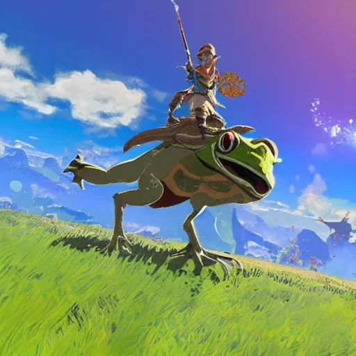 Prompt: a warrior frog riding a gigantic riding a gigantic fly in breath of the wild