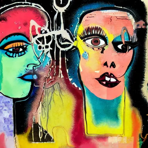 Image similar to watercolor painting of two bizarre psychedelic goth women kissing each other closeup in a cafe in spain, speculative evolution, mixed media collage by basquiat and jackson pollock, maximalist magazine collage art, sapphic art, lesbian art, chemically damaged