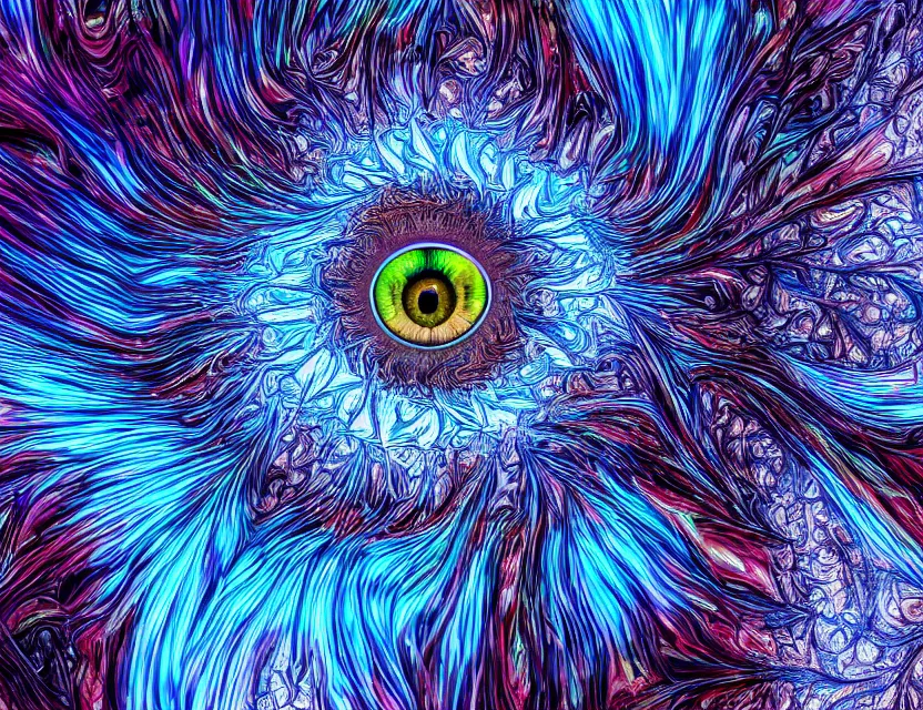 Prompt: macro photo of a eye with big blue and colorful fractal iris , black renica, glass sphere ,symmetric ,detailed, photorealistic , unreal engine , macro photography ,flower