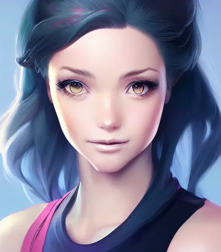 Prompt: beautiful portrait of a gorgeous personal trainer who looks like Lulu , character design by charlie bowater, ross tran, artgerm, and makoto shinkai, detailed, soft lighting, rendered in octane