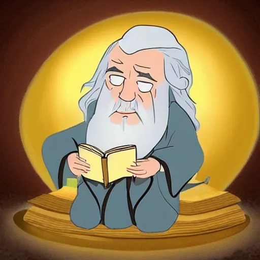 Image similar to Gandalf reading a tome by candle light in the style of JM Animation