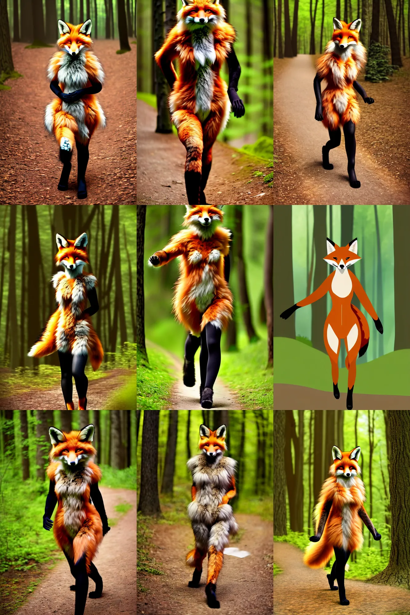 Prompt: anthro furry digitigrade natural - colored fox woman with black paws, walking upright in a forest