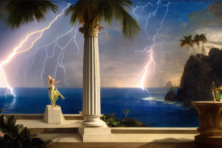 Image similar to mediterranean balustrade and palace columns, refracted lightnings on the ocean, colorful thunderstorm, tarot cards, beach and Tropical vegetation on the background major arcana sky and occult symbols, by paul delaroche, hyperrealistic 4k uhd, award-winning, very detailed paradise