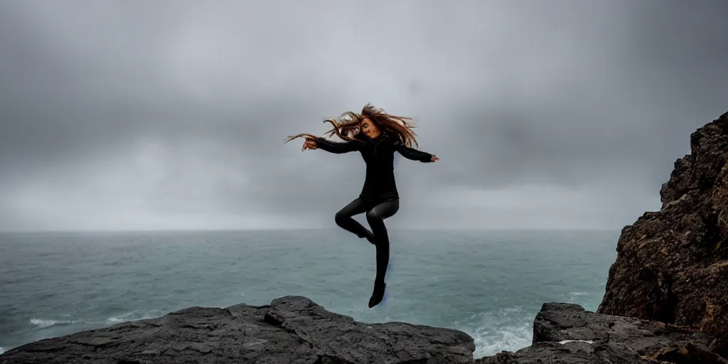 Image similar to catgirl jumping through a precipice on the coast up high, waves shattering on the rock, dramatic atmosphere, gloomy rainy weather, cinematic