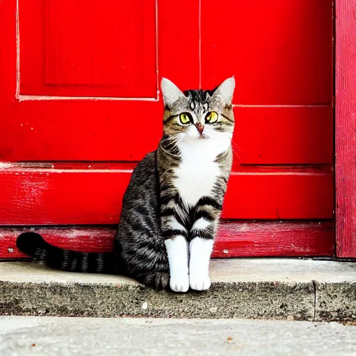 Prompt: a cat peaking behind the red door, professional photography