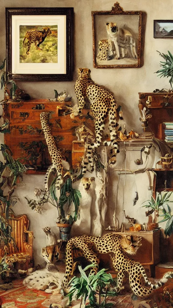 Prompt: cheetah set in floor on carpet in vintage room, frames of animals hanging out of wall, pot of palms in corner, painting by van sargent