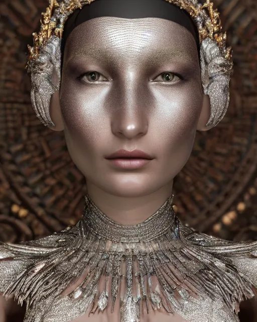 Image similar to a highly detailed metahuman 4 k close up render of an alien goddess bella hadid monument face accessories in iris van herpen dress schiaparelli in diamonds crystals swarovski and jewelry iridescent in style of alphonse mucha gustav klimt trending on artstation made in unreal engine 4