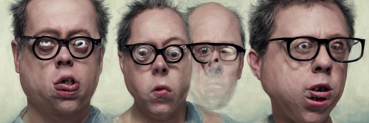 Prompt: colorful oil painting of character faces, realistic todd solondz turning into god, clear todd solondz face, glasses, disturbed, character sheet, fine details, concept design, contrast, kim jung gi, greg rutkowski and da vinci, 8 k, emotional, face turnaround 3 6 0, front view, back view, side view, ultra wide angle