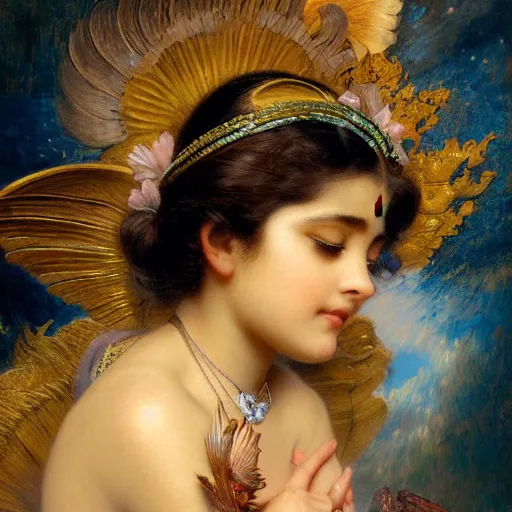 Prompt: detailed portrait of hindu traditional girl with wings high - tech vr headset in baroque painting, girl graceful, eyes closed, painting by gaston bussiere, craig mullins, j. c. leyendecker, lights, art by ernst haeckel, john william godward, hammershøi,,