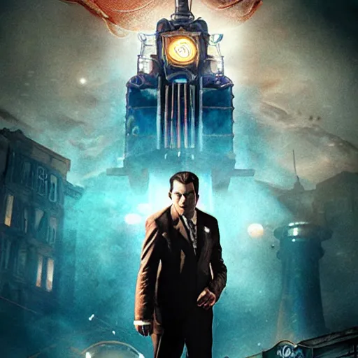 Prompt: movie poster for a live - action bioshock movie featuring a big daddy, andrew ryan, and little sister with the underwater city of rapture in the background