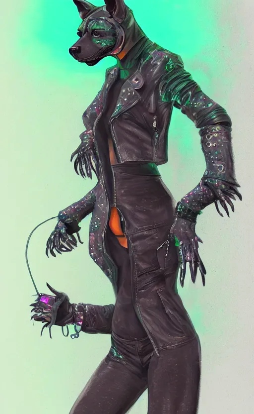 Image similar to digital painting of anthromorphic hyena female, fursona, furry fandom, neon rainy cyberpunk setting, anthro, wearing cyberpunk leather jacket, detailed face,