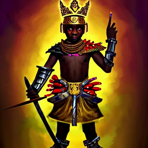 Image similar to a young black boy dressed like an african moorish warrior, with four arms, wearing gold armor and a crown with a ruby, posing with a very ornate glowing electric spear!!!!, for honor character digital illustration portrait design, by android jones in a psychedelic fantasy style, dramatic lighting, hero pose, wide angle dynamic portrait