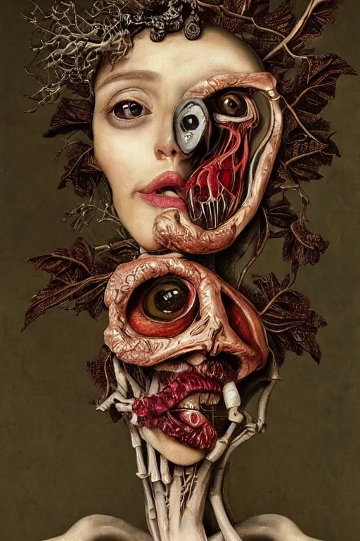 Image similar to Detailed maximalist portrait a with large lips and with large eyes, exasperated expression, botanical skeletal with extra flesh, HD mixed media, 3D collage, highly detailed and intricate, surreal illustration in the style of Caravaggio, dark art, baroque