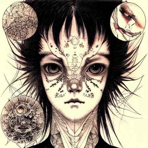 Image similar to prompt: Fragile looking vessel portrait tattooed face character soft light drawn by Vania Zouravliov and Takato Yamamoto, inspired by Fables, magical and alchemical weapons, soft light, white background, intricate detail, intricate ink painting detail, sharp high detail, manga and anime 2000