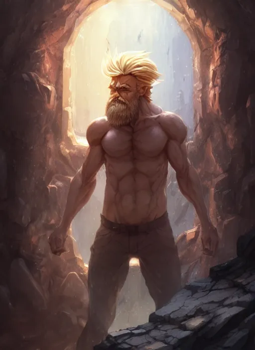 Image similar to Muscular old man with blond hair and beard engulfed in stasis crystal chamber in the middle of the square. In style of Greg Rutkowski, Jesper Ejsing, Makoto Shinkai, trending on ArtStation, fantasy, great composition, concept art, highly detailed, scenery, 8K, Behance.