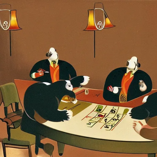 Prompt: fat animals gambling at a table with a single light overhead, dark room, smoke fills the room, roaring 2 0 s american art style