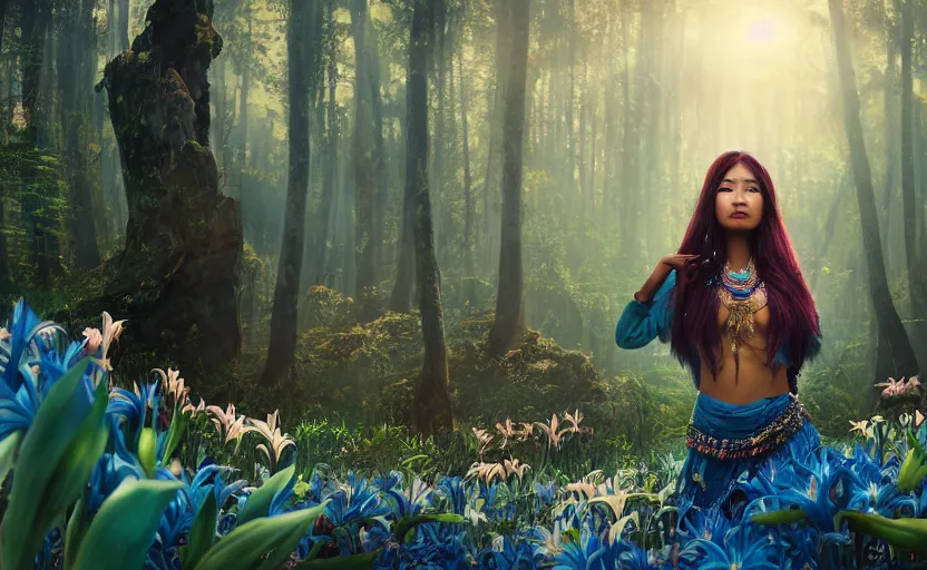 Prompt: beautiful Himalayan woman, sci-fi tibetan fashion, brown very long hair, somber, vibrant, scene of a summer forest with glowing blue lilies, dramatic light, wide angle , 8k hdr by Makoto Shinkai and Wojtek Fus, by studio trigger, rossdraws, ambient occlusion