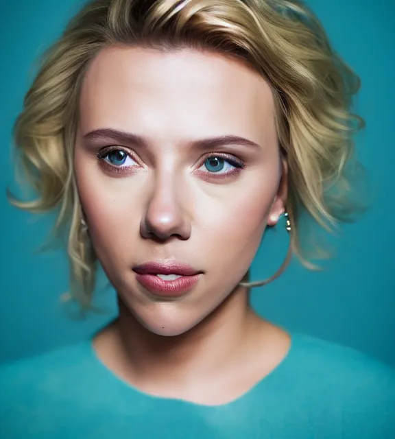 Image similar to beautiful portrait photo of Scarlett Johansson, slight smile, 85mm, teal studio backdrop