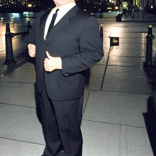 Image similar to 1 9 9 6 nathan lane wearing a black suit and necktie standing on the streets of chicago at night.