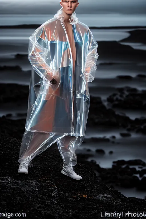 Image similar to an ultra high definition professional high fashion portrait studio full length photograph of a male model wearing a transparent pearlescent raincoat and neon visor in an icelandic black rock environment at dawn. no artefacts. extremely detailed. stark. refraction. shallow depth of field. volumetric light and shadow. ray tracing. light rays.