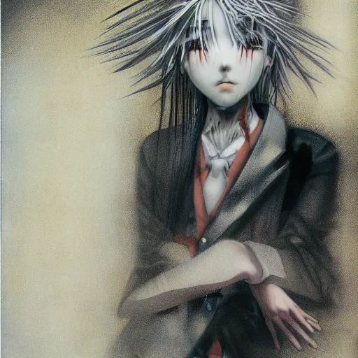 Image similar to Yoshitaka Amano realistic illustration of an anime girl with white hair, eyes without pupils and cracks on her face wearing dress suit with tie fluttering in the wind, abstract black and white patterns on the background, noisy film grain effect, highly detailed, Renaissance oil painting, weird portrait angle