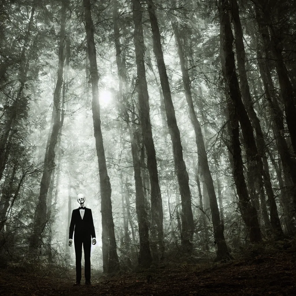 Image similar to cinematic still of slenderman in eerie dark forest, XF IQ4, f/1.4, ISO 200, 1/160s, 8K, RAW, dramatic lighting, symmetrical balance, in-frame