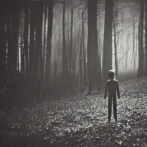 Prompt: photo of a grey alien at night in a forest, 8mm film