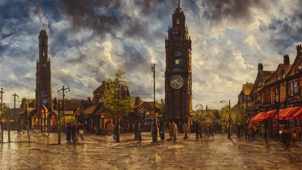 Prompt: Royton clock tower in Oldham, highly detailed oil painting, epic fantasy art, abstraction, masterpeice, 8k