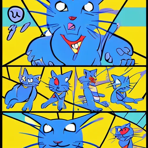 Image similar to a pair of blue cat characters in the style of 9 0 s nickelodeon cartoons, on an interesting adventure