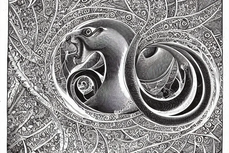 Image similar to an ornate illustration in the styles of mandalas and fractals, the styles of escher and penrose, depicting a weasel staring deep into the heart of the impossible all - and - nothing of the emerging singularity ; / what has god wrought? / he seems to be whispering.