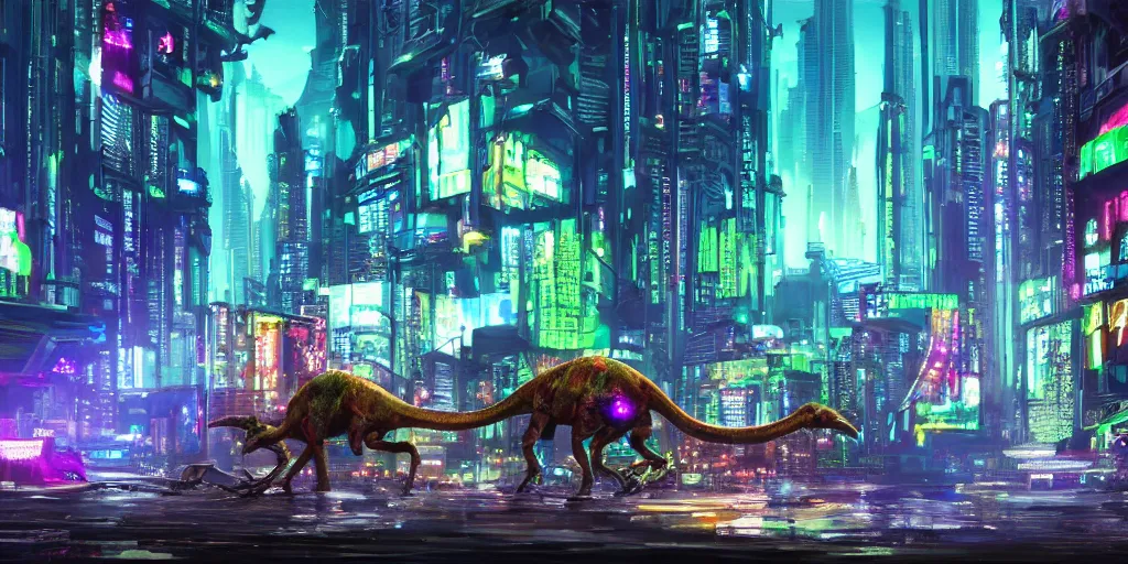 Prompt: a beautiful painting of a lush cyberpunk city with a single dinosaur grazing in the foreground by ridley scott, vivid colours, cinematic lighting, fine details, 8 k | | digital artwork made by greg rutswork, anna dittmann and lois van barlee, symmetrical neon rim light, anatomically correct