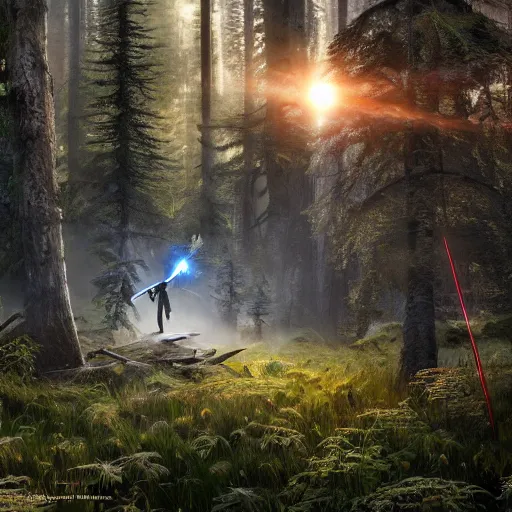 Image similar to sunset breaks through the forest, Dart Vader is fighting Jedis, painting in style of Ivan Shishkin, hypermaximalistic, high details, cinematic, 8k resolution, beautiful detailed, insanely intricate details, artstation trending, octane render, unreal engine,