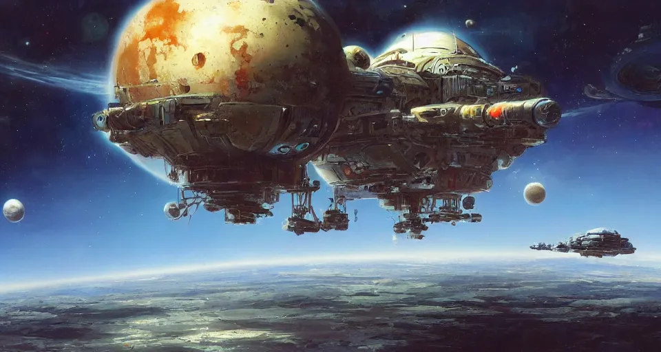 Image similar to spaceship landing on a gas planet by Marc Simonetti and John Berkey, concept art, HD, 8K