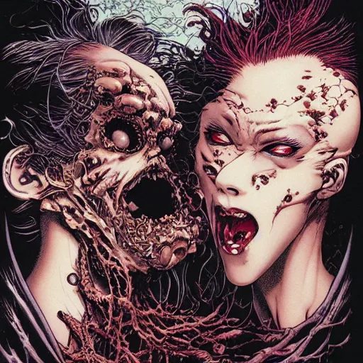 Image similar to closeup of vampire kiss, by yoichi hatakenaka, masamune shirow, josan gonzales and dan mumford, ayami kojima, takato yamamoto, karol bak