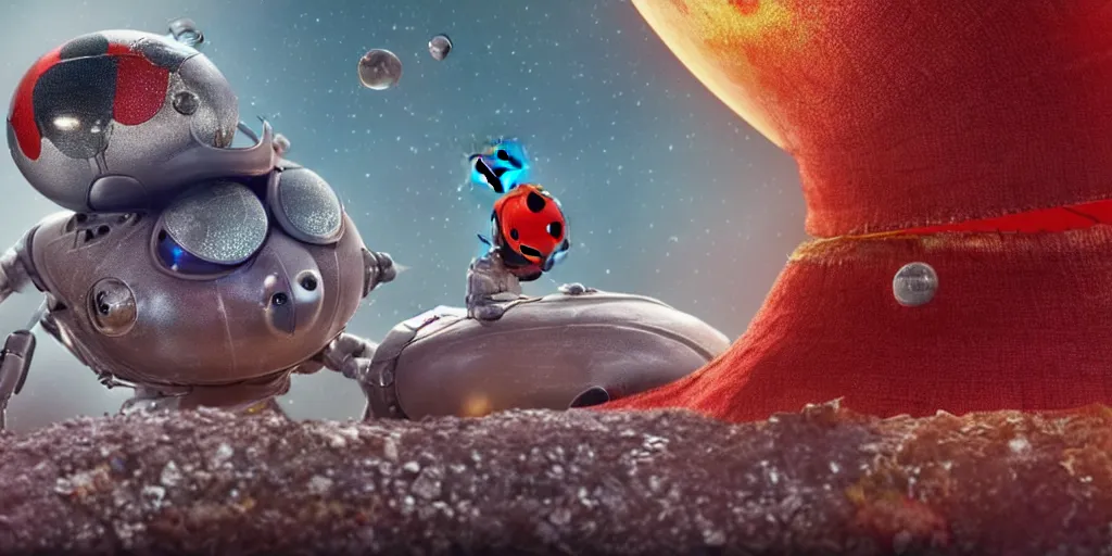 Image similar to a 3 d rendered movie still a ladybug descendant 1 million into the future. the ladybug is sentient, wears a spacesuit, and travels the stars in a super awesome space ship. science fiction blockbuster movie ladybugs rule the world, imax 7 0 mm. bladerunner, silent running