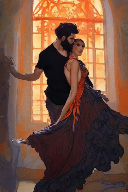 Image similar to bearded young man in orange t - shirt fastens beautiful black dress of his spouse before going to exquisite gala art by artgerm and greg rutkowski and charlie bowater and magali villeneuve and alphonse mucha