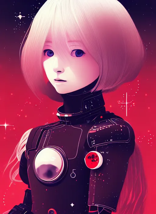 Prompt: highly detailed portrait of a hopeful pretty astronaut lady with a wavy blonde hair, by Katsushika Hosukai , 4k resolution, nier:automata inspired, bravely default inspired, vibrant but dreary but upflifting red, black and white color scheme!!! ((Space nebula background))