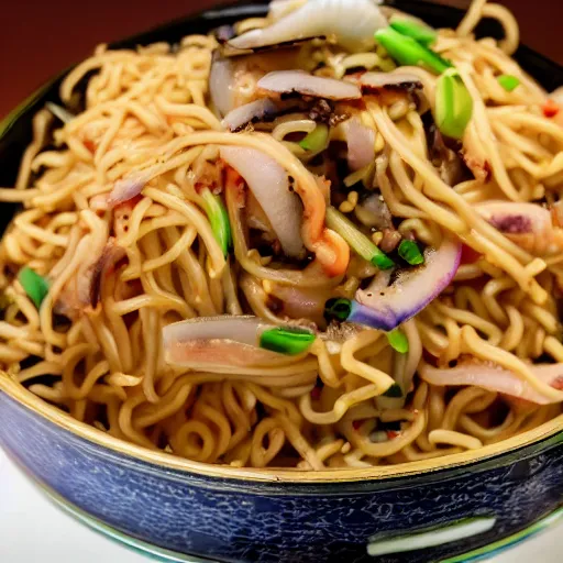 Image similar to a pot full of squid yakisoba inside a chinese restaurant, 4K photo, zoom, award winning, background blur