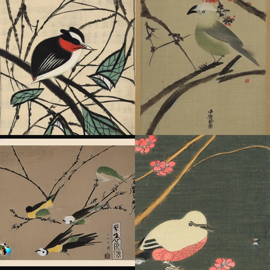 Prompt: a bird in springtime. suiboku-ga. Japanese Sumi-e. Japanese color ink painting. mid-14th century