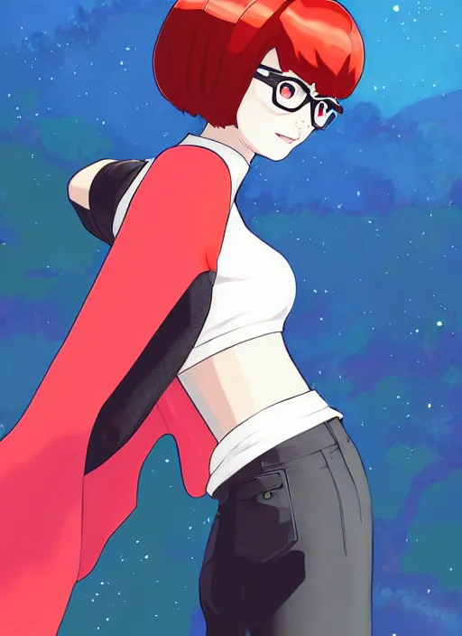 Image similar to Painting of Velma Dinkley in the style of Persona 5, anime style, winged eyelashes, countryside, calm, fantasy character portrait, dark outlines, dynamic pose, above view, sunny day, artwork by Makoto Shinkai, very coherent asymmetrical artwork, sharp edges, perfect face, simple form, 100mm