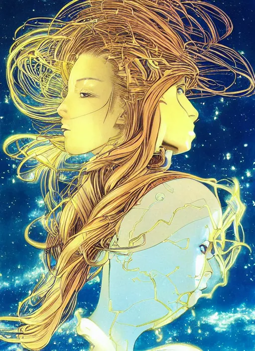 Prompt: a golden woman 2/3 figurative anime portrait, in space, head breaking apart and spiraling geometry into the sky upwards into another dimension, lazer light beaming down to top of her head, by moebius and Yoshitaka amano