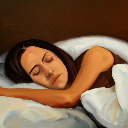 Prompt: lady with brown hair can't sleep because husband in is snoring in bed, expressive oil painting