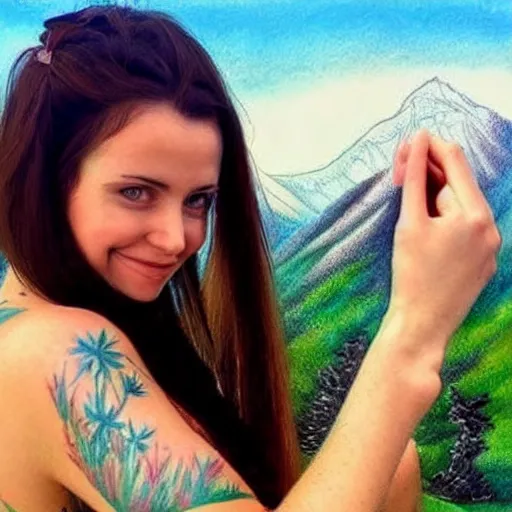 Image similar to tattoo design sketch of a beautiful girl and beautiful mountain scenery, hyper realistic