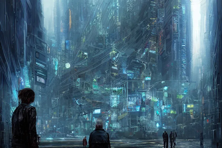 Image similar to A neuromancer very highly detailed digital artist with very highly detailed face on the street of a very highly detailed neuromancer sci-fi city digital rational painting art by Greg Rutkowski, sci-fi highly detailed, digital concept art, Dimensional cyan gold natural light, sharp focus, Golden Ratio illustration, realistic concept art by Stephen Hickman and James Gurney and Hiromasa Ogura Ghost in the Shell rendered in Octane Render, From the distance