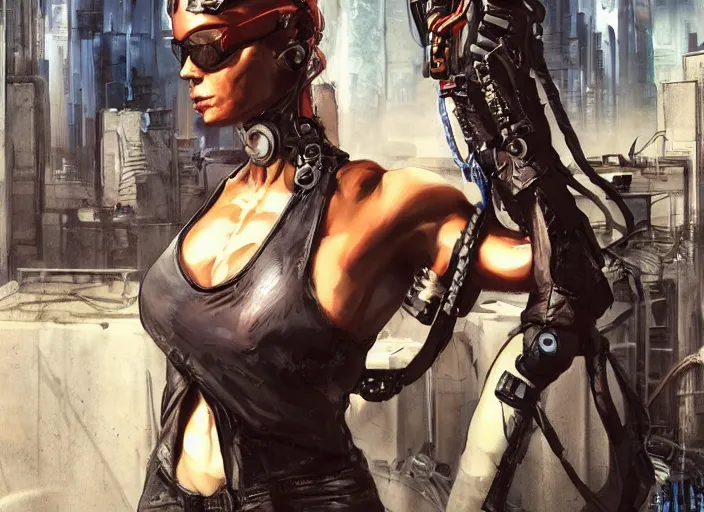 Image similar to a portrait of a female fitness model biker in a cyberpunk city art by Simon Bisley, Martin Emond, Sam Kieth, highly detailed artstation character concept art, full length character, sharp focus