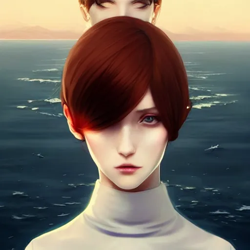 Prompt: beautiful pale vampire with auburn hair in a white turtleneck dress, on a super yacht, by guweiz and wlop and ilya kuvshinov and and moebius and bilal and artgerm, symmetrical eyes, aesthetic, gorgeous, stunning, alluring, attractive, half body portrait, artstation, deviantart, pinterest, digital art