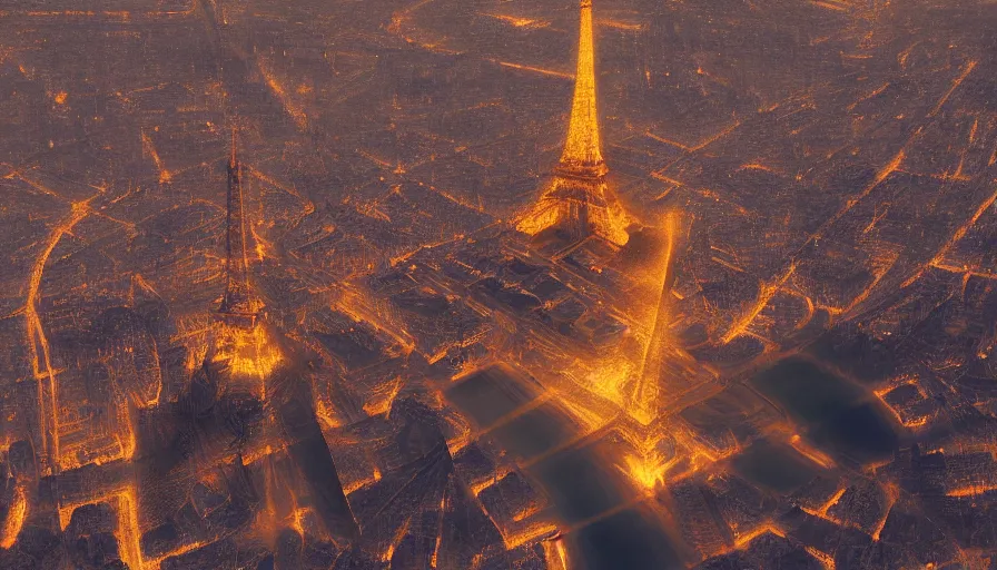 Image similar to heat wave over empty paris, volumetric light, eiffel tower light, hyperdetailed, artstation, cgsociety, 8 k